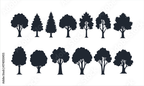 Silhouettes of various trees with transparent background