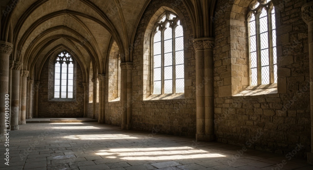 Fototapeta premium Vaulted stone corridor, gothic windows letting light in, creating dramatic shadows