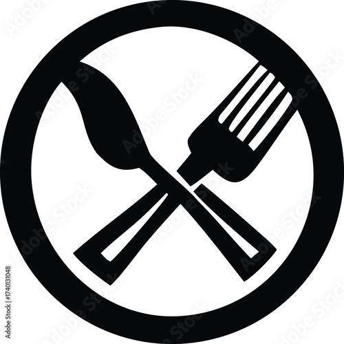 Graphic symbol of a crossed fork and knife within a circle indicating no food or dining is permitted in this area or situation for convenience