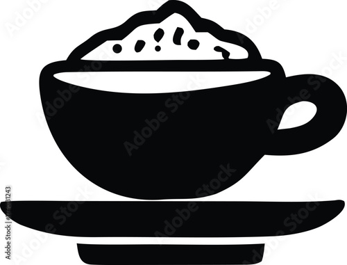Simple black and white icon of a coffee cup with whipped cream and saucer minimalist beverage icon