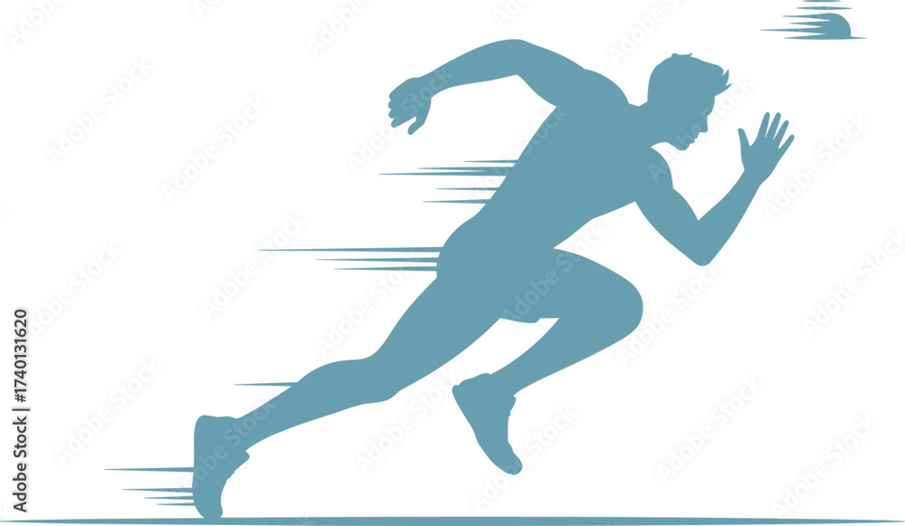 Naklejka premium Running athlete silhouette, speed motion concept, dynamic sprint pose, fitness training icon, fast runner graphic, sport action symbol, flat vector illustration