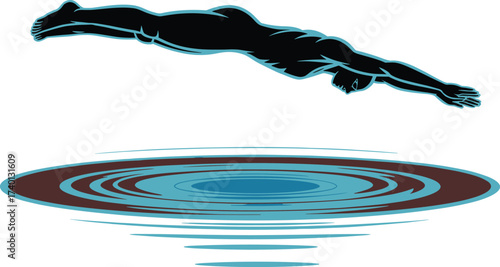 Professional diver jumping into water, athletic dive posture, swimming sport silhouette, splash impact motion, dynamic energy, flat vector illustration