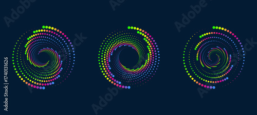 Twisted colored spiral. Curved wireframe tunnel. Vector technology logo element.