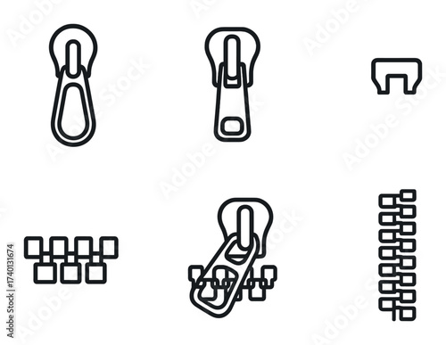 Set of six black zipper icons with different designs on dark background