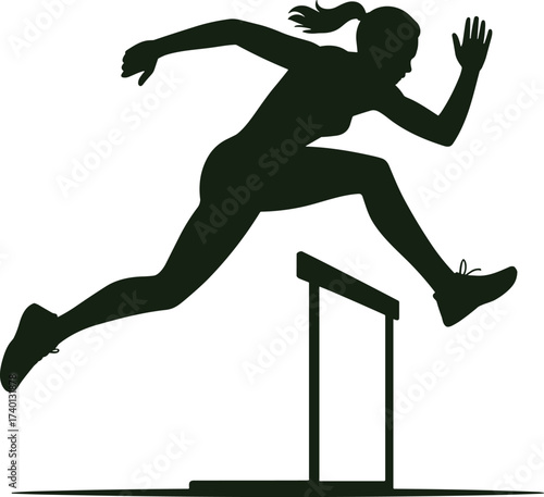 Athlete jumping over hurdle, track and field sport, silhouette action pose, dynamic movement, fitness training, competitive running, flat vector illustration