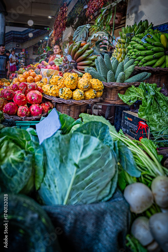 Colorful display of exotic fruits at the Mercado dos Lavradores, the central market of Funchal, Madeira.