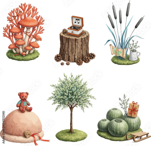 Whimsical woodland elements illustrated isolated elements