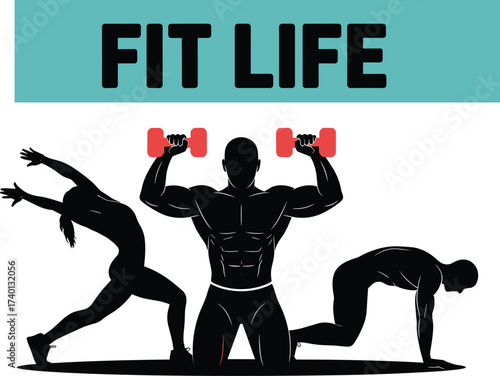 Fitness workout illustration, gym training vector, active lifestyle concept, strength exercise, yoga pose, cardio plank, fit life design, flat vector illustration
