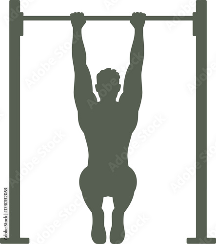 Fitness workout, pull-up exercise, gym training, upper body strength, hanging posture, silhouette man, active lifestyle, flat vector illustration