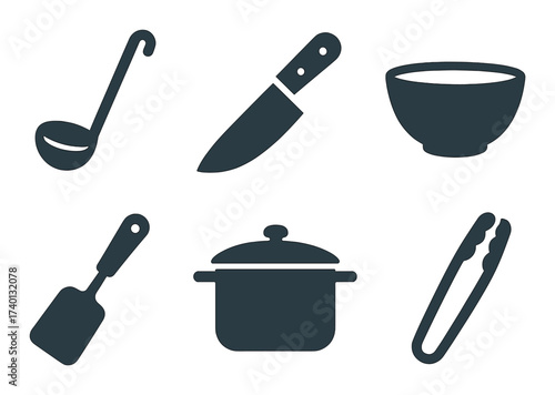 Silhouette of kitchen tools: knife, bowl, tongs, ladle, spatula, pot