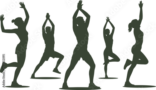 Group yoga silhouette, fitness poses vector, healthy lifestyle illustration, balance and flexibility concept, mindfulness exercise, flat vector illustration