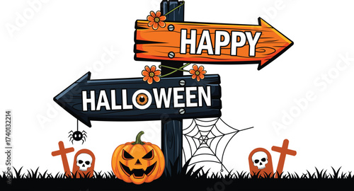 Happy Halloween Wooden Sign with Pumpkin and Spider Web