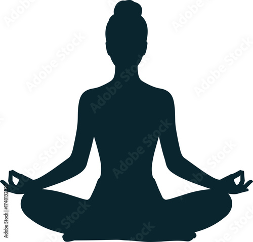 Meditation yoga silhouette, lotus pose figure, mindfulness practice, calm energy, spiritual wellness, peaceful posture, flat vector illustration