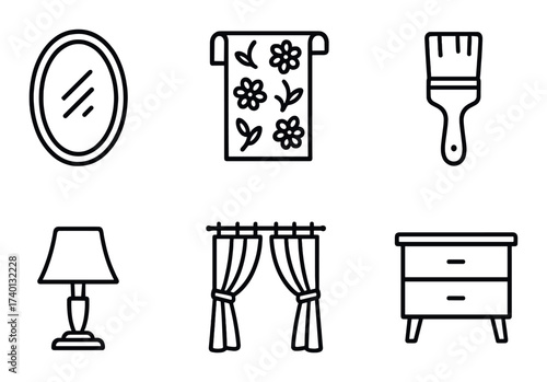 Home decor icons set: mirror, wallpaper, paintbrush, lamp, curtains, drawer on dark background