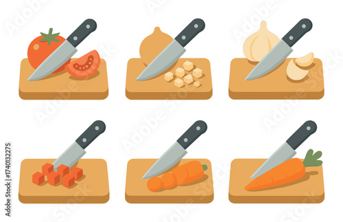 Chopping variety: slicing tomato, onion, garlic, carrot on wooden boards with knives