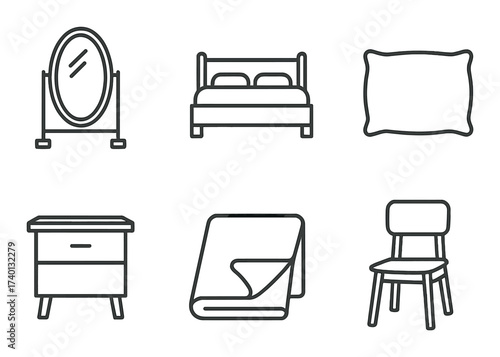 Minimalist furniture icons: bed, mirror, pillow, nightstand, blanket, chair
