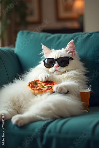  A photorealistic image of a fluffy white cat wearing black sunglasses, lounging on a teal couch in a relaxed pose, holding a TV remote, with a small pizza resting on its belly and a glass of beer or 