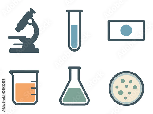 Laboratory equipment icons: microscope, test tubes, beakers, and petri dish graphics