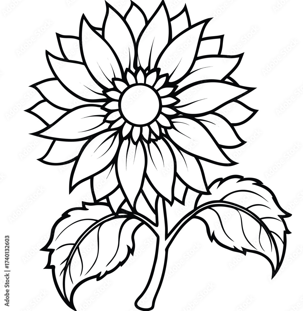 Obraz premium Black and white vector flower illustration with leaves and petals