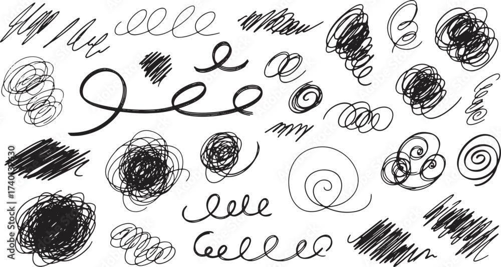 Obraz premium Set of Hand-Drawn Scribble, Hatching, and Spiral Elements for Energy, Abstract Texture, and Rough Sketch Design Graphics