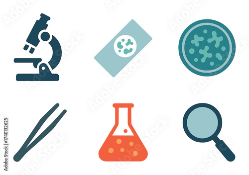 Colorful scientific icons: microscope, petri dish, test tube, magnifying glass