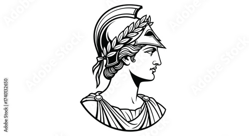 Athena goddess illustration wearing helmet and laurel wreath design