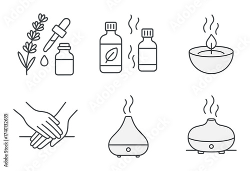 Aromatherapy icons featuring oils, diffusers, candle, and hands symbolizing relaxation