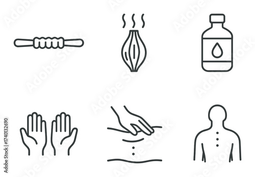 Spa and relaxation symbols: massage, aromatherapy, reflexology icons on dark background