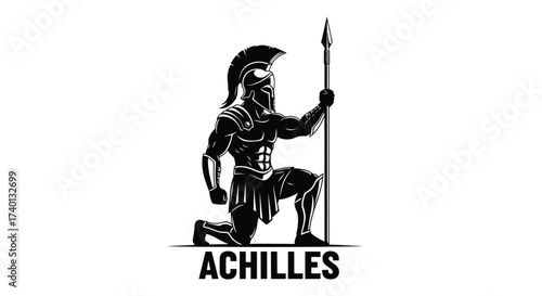Black and white illustration of achilles kneeling with a spear