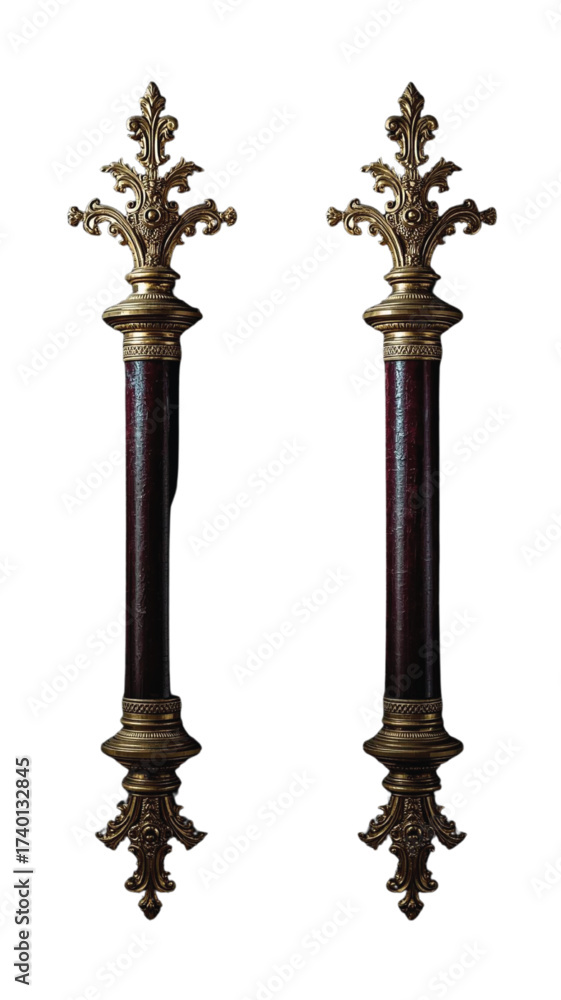 Naklejka premium Ornate antique gold and dark red door handles brass