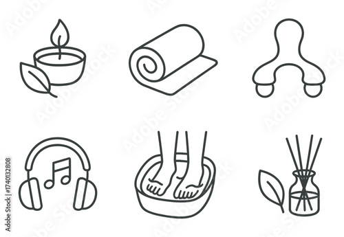 Spa essentials symbols: candle, towel, massager, music, foot soak, diffuser