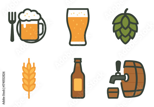 Craft beer icons with glasses, hop, wheat, bottle, and barrel on wooden background
