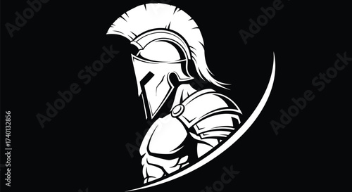 White spartan warrior illustration on a black background design