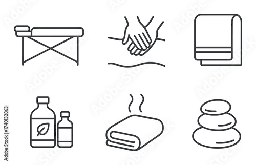 Massage therapy icons: table, hands, towel, oils, aroma, stones
