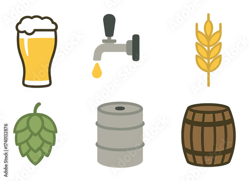 Craft beer elements featuring pint, tap, wheat, hops, barrel, and keg