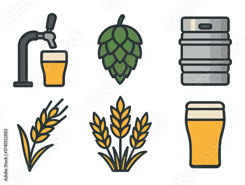 Beer icons set featuring tap, hop, keg, wheat for brewing concepts