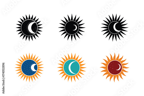 Set of sun and moon vector illustration, black and colorful versions on a plain white square.