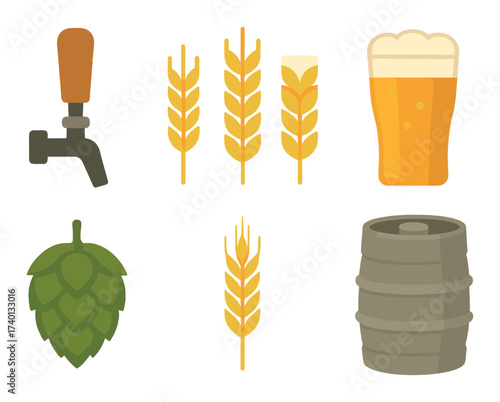Craft beer icons featuring taps, barrels, hops, grains, and glass
