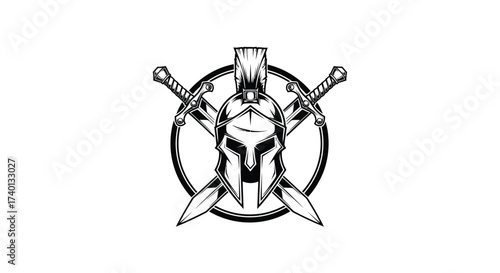 Spartan helmet with crossed swords emblem in black and white design