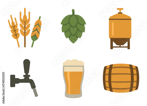 Beer brewing icons: ingredients and equipment for craft beer production
