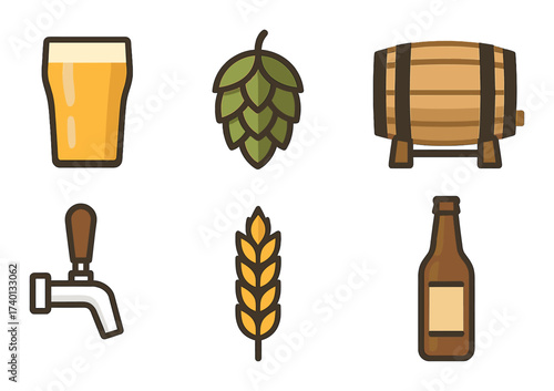 Craft beer essentials: pint, hops, barrel, tap, grain, bottle icons