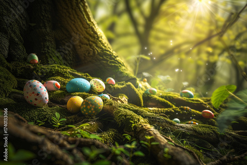 Magical Easter eggs nestled in a sun-dappled mossy forest floor, hinting at springtime wonder.
