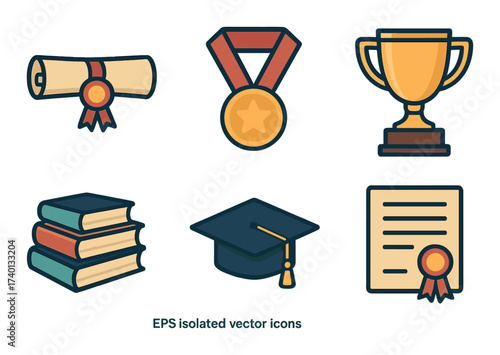Educational icons set: diploma, medal, trophy, books, graduation cap, certificate