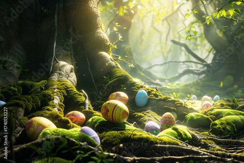 Magical Easter eggs nestled in a sun-dappled mossy forest clearing