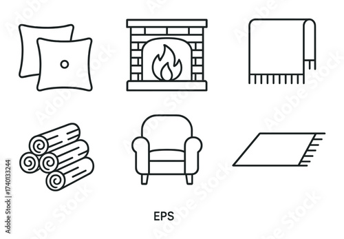 Cozy home essentials icons: fireplace, armchair, blanket, pillows, firewood