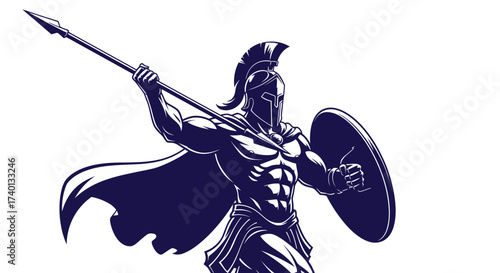 Spartan warrior prepares to throw spear with shield in vector art