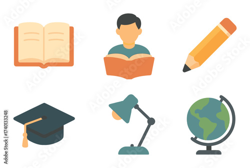 Educational icons including books, student, pencil, graduation cap, lamp, and globe
