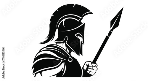 Spartan warrior helmet and spear in black and white illustration