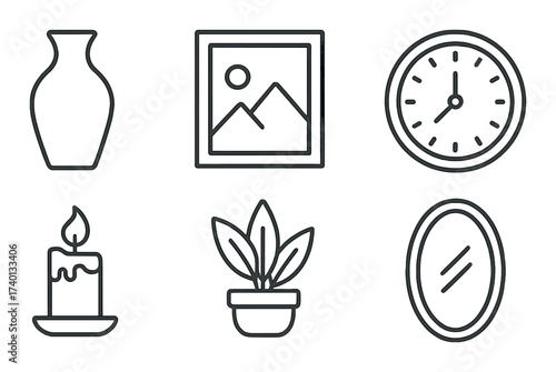 Minimalist home decor icons: vase, picture, clock, candle, plant, mirror