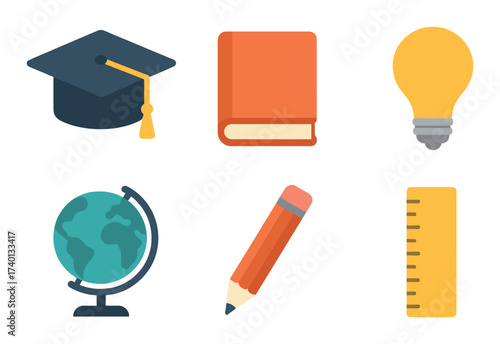 Colorful educational icons featuring graduation cap, book, light bulb, globe, pencil, and ruler
